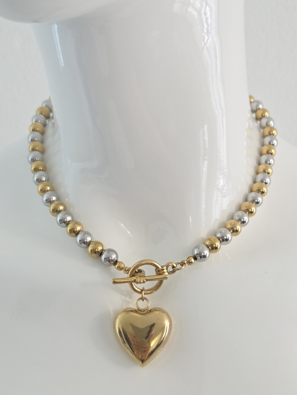 Two Tone Gold Silver Beaded Heart Pendant Toggle Necklace - Picture 13 of 14